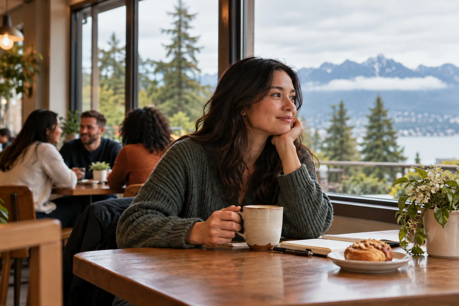 A person sitting alone in a café with a forested mountain view outside