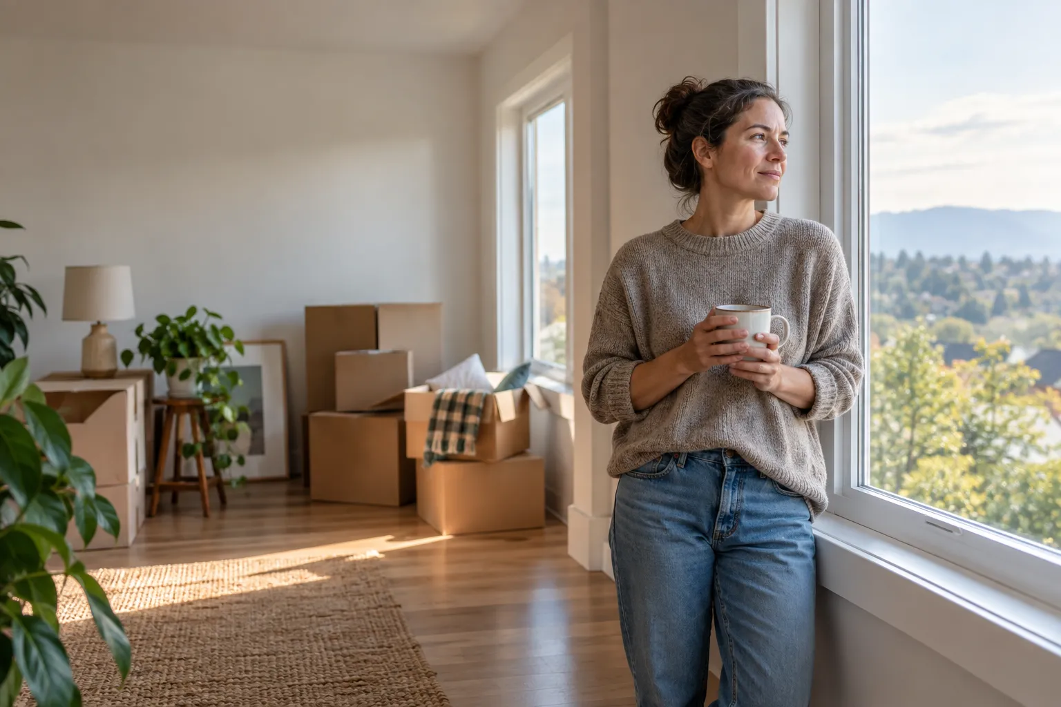 A woman pauses by a window in her new home as she adjusts to life changes, with moving boxes nearby.